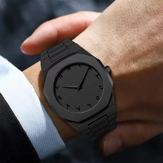 Men’s Arabic Quartz Watch – Stylish Black Casual Strap